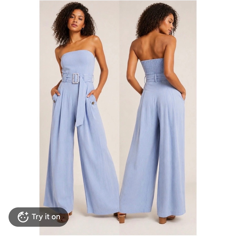 Free People Lucia Lavender Strapless Belted Wide Leg Jumpsuit Women Small Blue